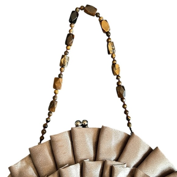 Vintage Taupe Satin Evening Bag Clutch with Gold Fabric Rose and Beaded Strap - Picture 4 of 9
